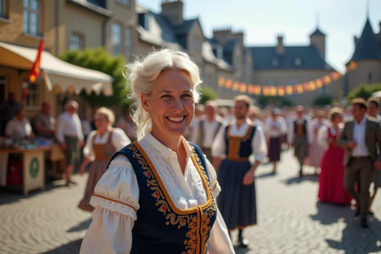 Femme en costume traditionnel breton participant à une fête folklorique sur une place pavée en Bretagne