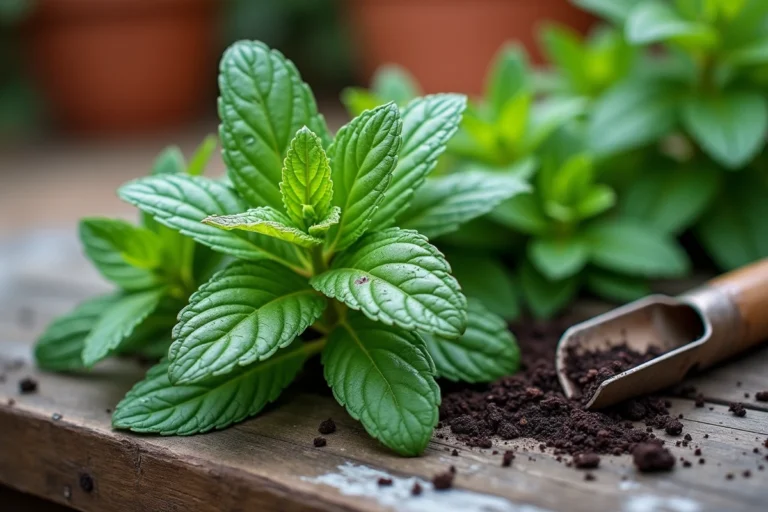 Feuilles de menthe noircies par une maladie fongique avec taches nécrotiques visibles sur table de jardin en bois