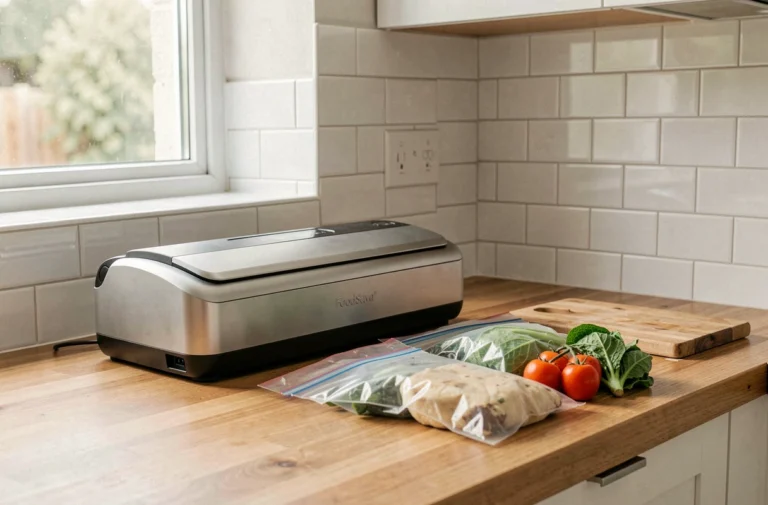 Machine FoodSaver FFS005X posée sur un plan de travail de cuisine moderne avec des sachets sous vide et des légumes frais