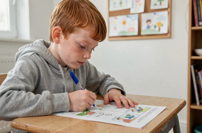 Jeune garçon roux concentré en train d'écrire et d'illustrer une histoire créative sur une feuille rayée avec un stylo bleu dans sa chambre