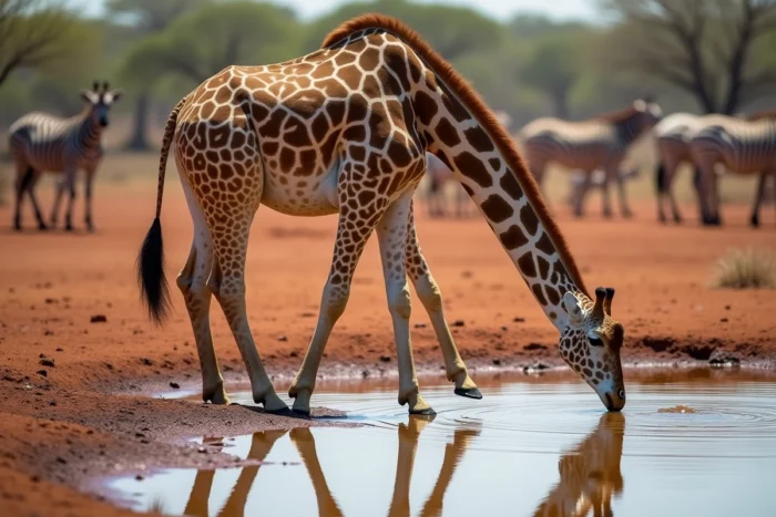 Grande girafe se penchant pour boire à un point d'eau dans la savane africaine lors d'un safari