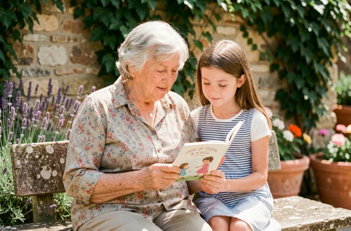 Grand-mère et petite-fille lisant ensemble un livre sur l'origine des prénoms français dans un jardin provençal
