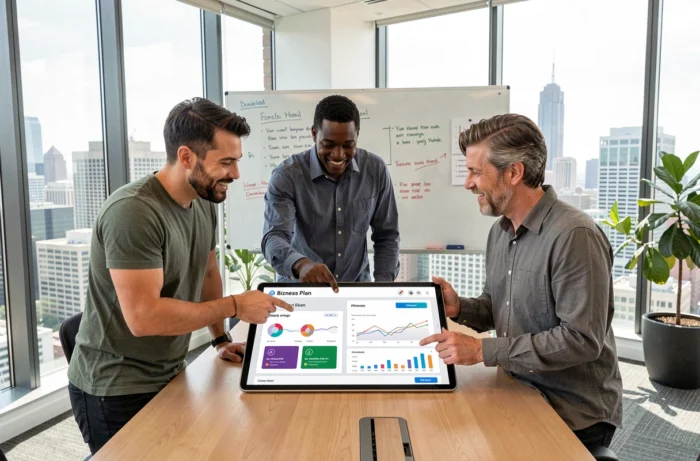 Groupe d'entrepreneurs collaborant autour de la plateforme Bizness Plan dans une salle de réunion contemporaine