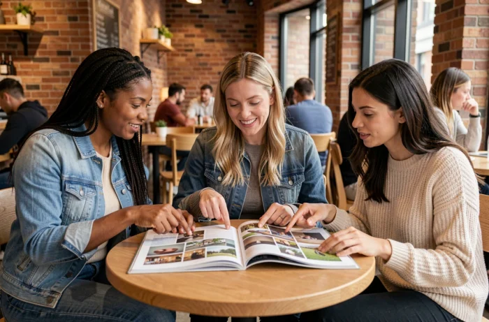 Groupe de femmes discutant du contenu enrichissant d'un magazine autour d'une table de café