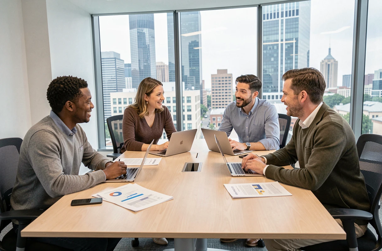 Groupe de professionnels en formation collective autour d'une table de conférence dans une salle moderne en entreprise