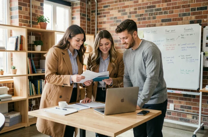 Groupe de jeunes diplômés Bac+2 travaillant ensemble dans un espace de coworking, symbolisant les débouchés collaboratifs et professionnels après un BTS ou DUT