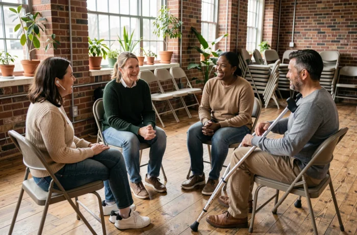 Groupe de soutien inclusif réunissant des adultes en situation de handicap dans une salle communautaire, symbolisant l'entraide et l'inclusion en santé mentale