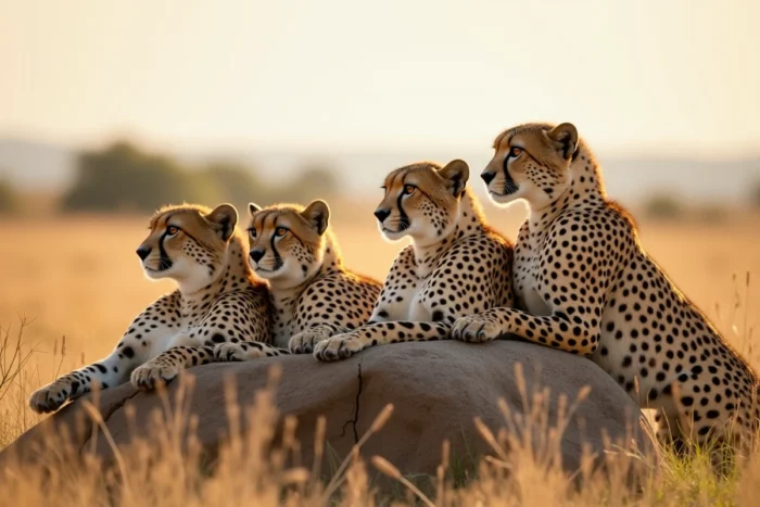 Trois guépards mâles au repos sur une termitière dans la savane africaine en safari
