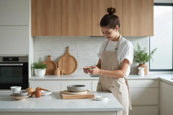 Femme préparant un repas à un plan snack en quartz blanc à hauteur ergonomique dans une cuisine moderne