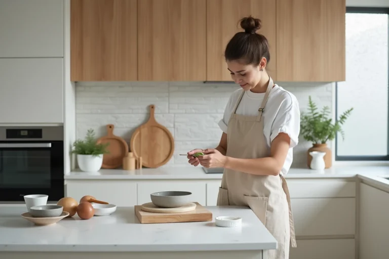Femme préparant un repas à un plan snack en quartz blanc à hauteur ergonomique dans une cuisine moderne
