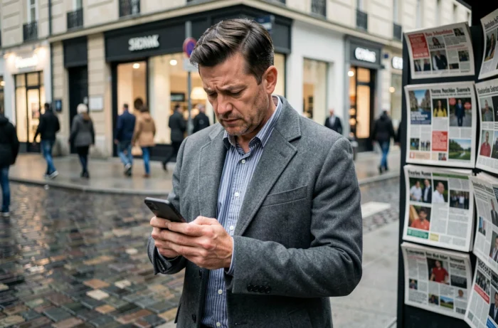 Homme lisant les dernières actualités sur son smartphone dans une rue urbaine animée