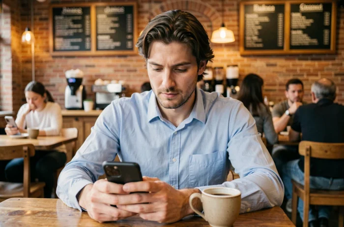 Homme adulte consultant le guide des symboles Snapchat sur son téléphone dans un café urbain