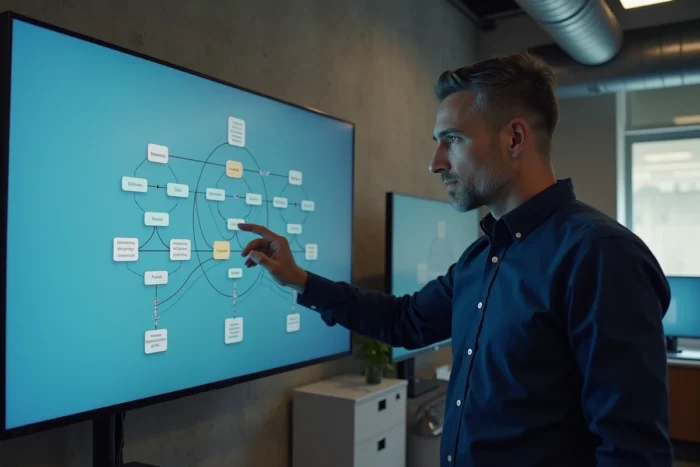 Homme analysant un diagramme de plan de site sur un grand écran mural dans une salle de rédaction numérique