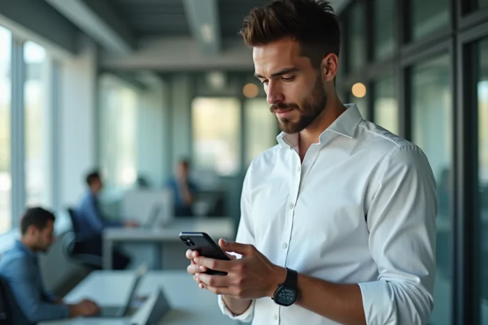 Homme en bureau vérifiant un numéro de téléphone français commençant par +33 806 sur son téléphone