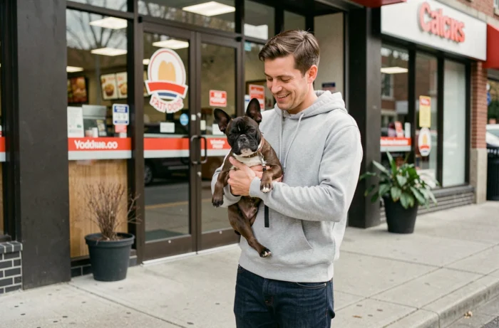 Homme tenant son bouledogue français devant l'entrée d'un restaurant Burger King