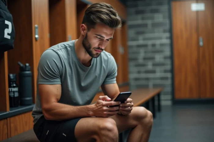 Homme comparant les formules d'abonnement Basic Fit sur son smartphone dans un vestiaire de salle de sport