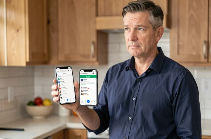 Homme comparant un compte Gmail et un compte Google sur son smartphone dans une cuisine moderne