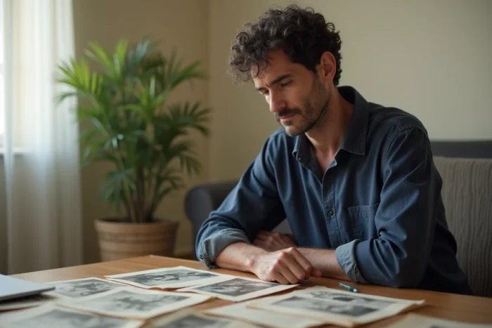 Homme dans la quarantaine examinant des documents familiaux anciens et des photographies à une table en bois, évoquant la recherche d'héritage et de filiation