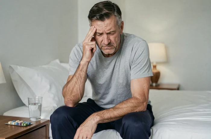 Homme ressentant un léger effet secondaire après prise de médicament, assis sur son lit