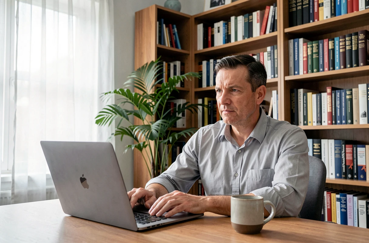 Homme en formation professionnelle en ligne depuis son bureau à domicile avec un ordinateur portable