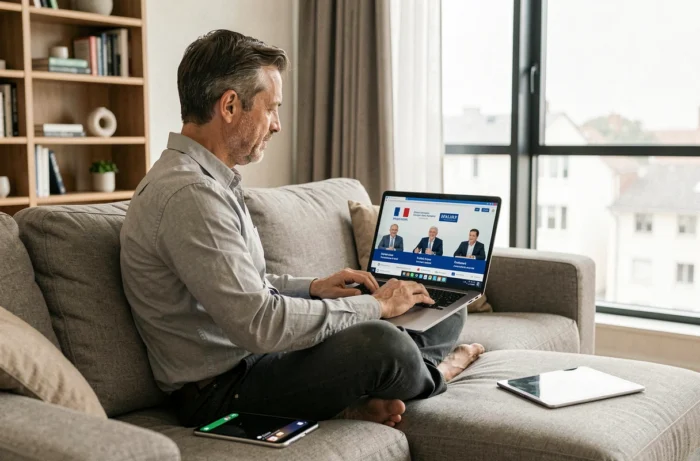 Homme regardant le Frenchy Event 2026 sur ordinateur portable dans son salon