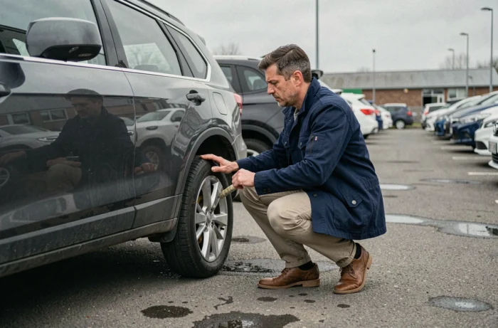Homme inspectant la carrosserie d'un SUV d'occasion dans un parc automobile extérieur