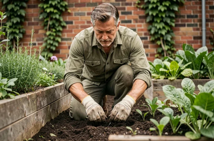 Homme jardinant dans un potager urbain avec des plants de légumes, activité de plein air populaire en 2024