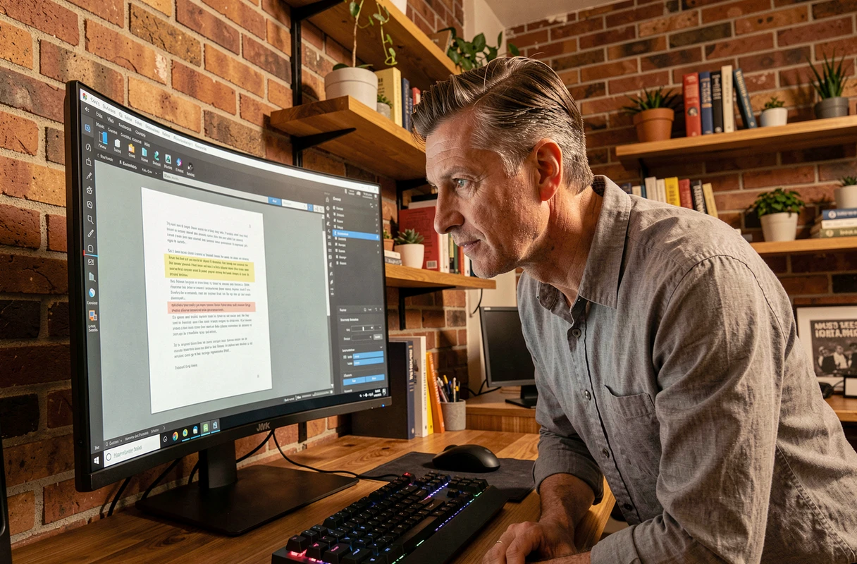 Homme utilisant un logiciel OCR sur ordinateur pour vérifier la reconnaissance de texte dans un fichier PDF