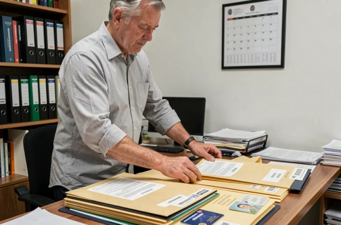 Homme préparant ses dossiers de retraite avec documents officiels dans un bureau à domicile