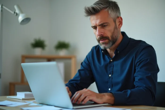 Homme vérifiant un prélèvement bancaire inconnu sur son application en ligne depuis un bureau à domicile