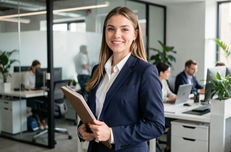 Jeune femme diplômée Bac+2 tenant un portfolio dans un bureau moderne, illustrant les débouchés professionnels après un BTS ou DUT
