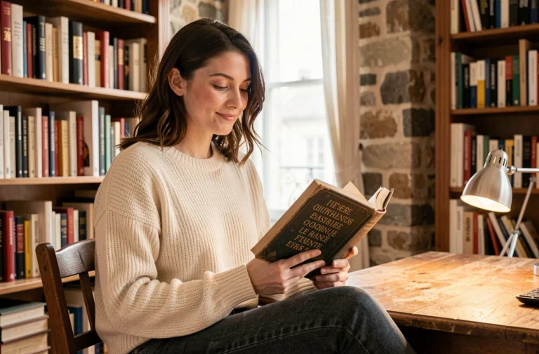 Jeune femme française feuilletant un livre de prénoms français dans un appartement parisien chaleureux