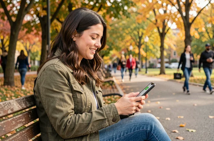 Jeune femme consultant les services de Libre d'Agir sur smartphone dans un parc urbain en automne