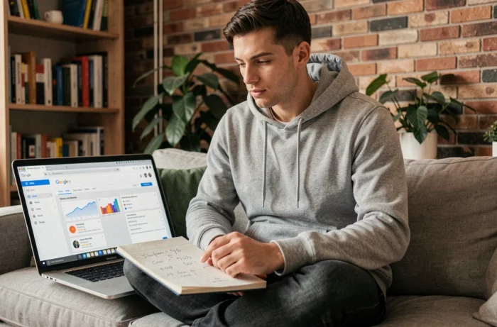 Jeune professionnel gérant et optimisant ses campagnes publicitaires en ligne depuis son bureau à domicile en 2024