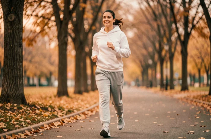 Femme faisant du jogging dans un parc urbain en automne pour maintenir une bonne santé physique au quotidien