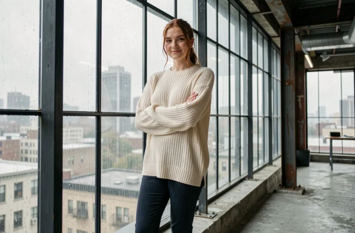 Jeune femme talentueuse en pull en maille crème debout près d'une fenêtre industrielle avec des gouttes de pluie dans un loft urbain moderne