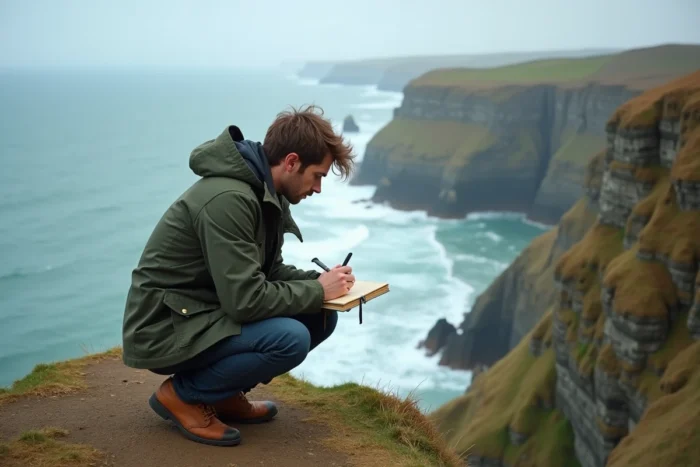 Journaliste prenant des notes sur les falaises côtières de la presqu'île de Crozon en Bretagne