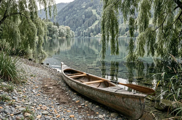 Kayak en bois échoué sur une rive de galets d'une crique sauvage du lac du Bourget, reflets de forêt dans l'eau calme en Savoie