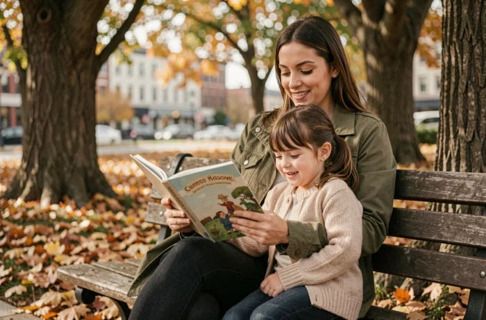 Femme lisant un livre illustré à une petite fille sur un banc dans un parc en automne