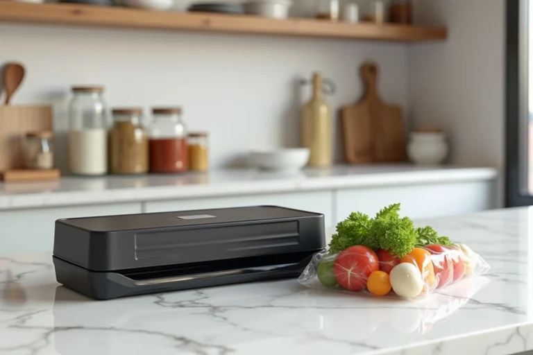Machine sous vide Crenova VS100S posée sur un plan de travail en marbre blanc avec un sachet de légumes frais scellé à côté
