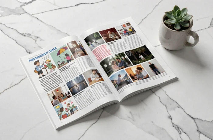 Magazine ouvert sur une surface en marbre avec une tasse de café, illustrant la richesse de son contenu éditorial