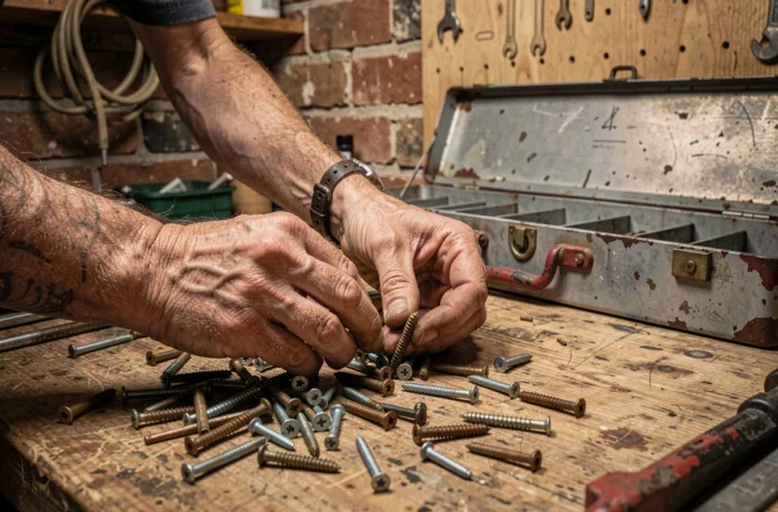 Gros plan de mains d'artisan triant des vis et clous sur un établi en bois dans un atelier de bricolage