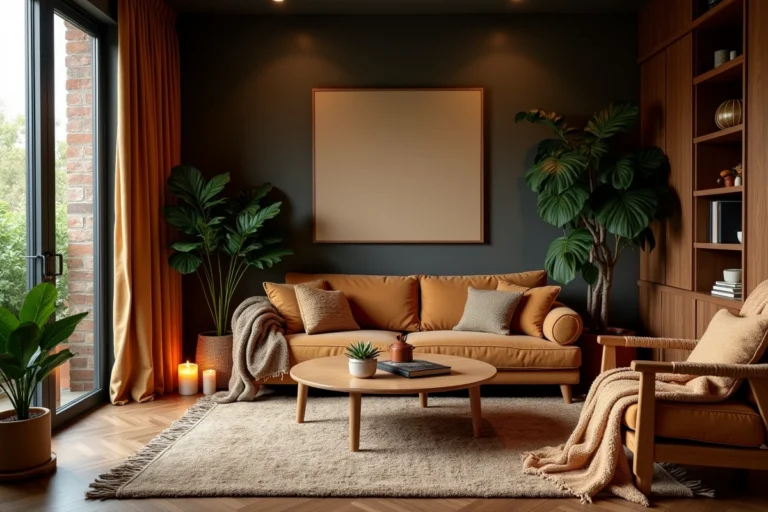 Intérieur chaleureux et cocooning d'un salon aménagé avec bois foncé, textiles lourds, plantes et bougies pour une atmosphère unique et apaisante