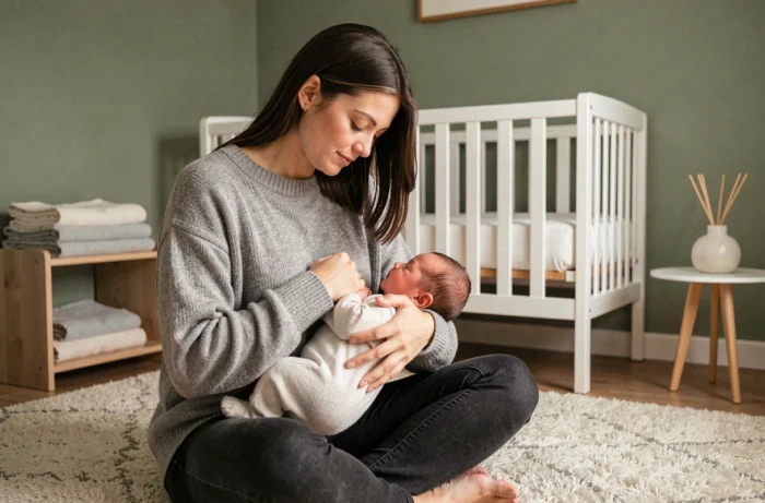 Jeune maman allaitant son nouveau-né dans une chambre de bébé minimaliste aux tons doux et apaisants