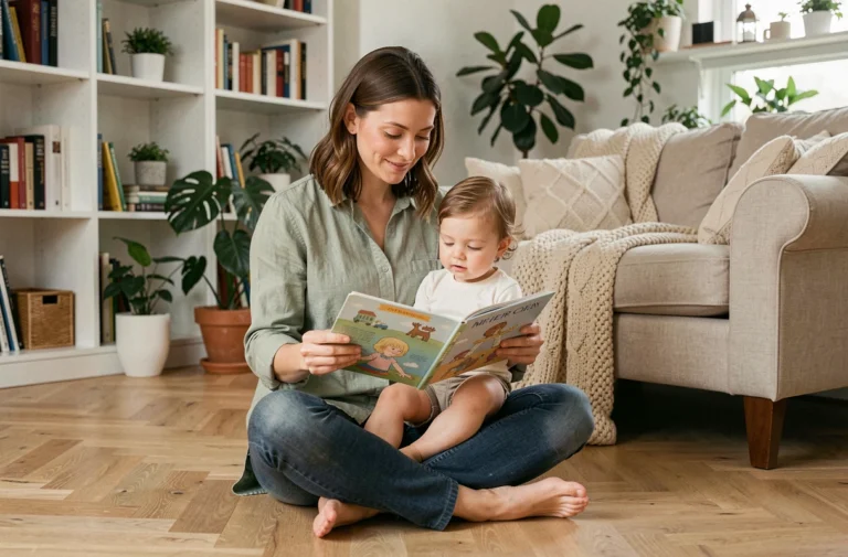 Maman et son tout-petit lisant un livre illustré ensemble sur le parquet d'un salon chaleureux