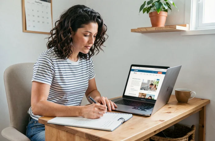 Maman consultant un guide parental en ligne depuis son bureau à domicile avec un carnet de notes