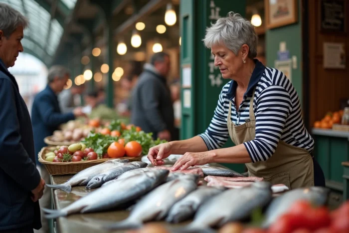 Vendeuse de marché proposant des produits locaux et des poissons frais dans un marché couvert de Rennes en Bretagne