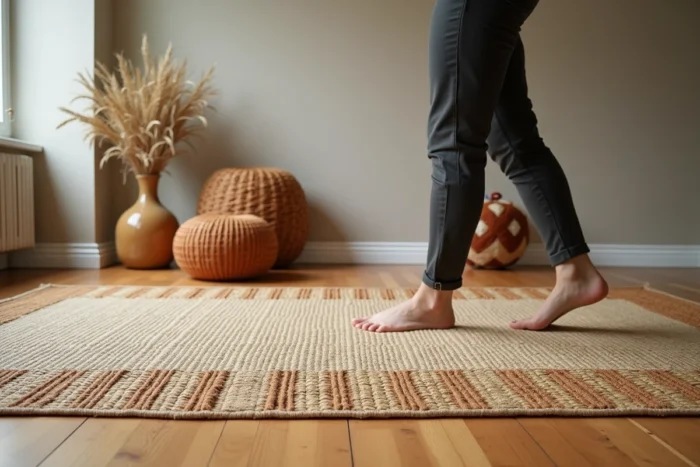 Salon avec tapis en jute et laine superposés sur parquet chêne, apportant des matières naturelles au sol dans un espace aux murs sobres et lisses