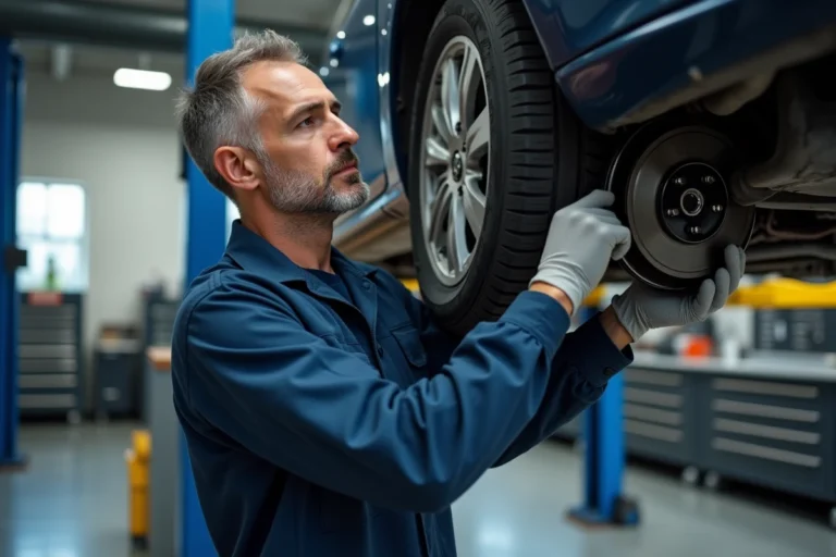 Mécanicien automobile professionnel inspectant les freins d'une voiture soulevée dans un garage bien équipé