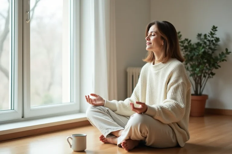 Femme en tenue confortable pratiquant la méditation dans un intérieur minimaliste pour apporter calme et sérénité au quotidien